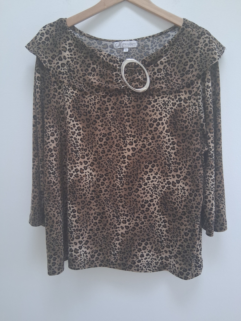 Dressbarn Brown Leopard Print 3/4 Sleeve Top with Decorative Ring Accent 3XL